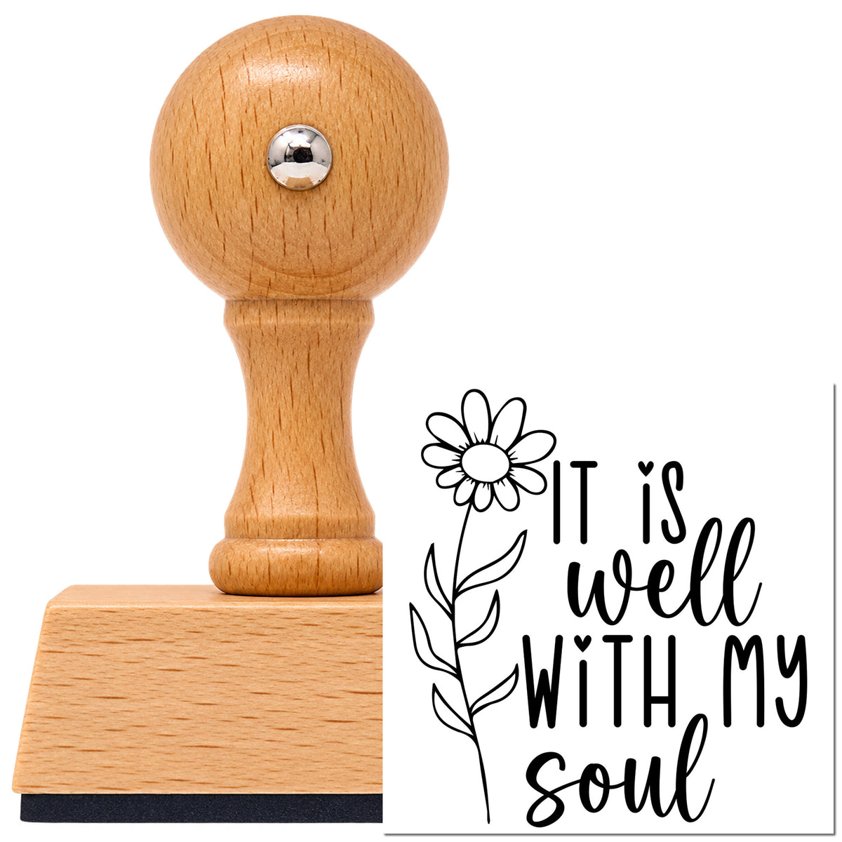 It Is Well With My Soul Daisy Vintage Pro rubber stamp in European beech wood with a round knob handle, shown beside its black imprint.