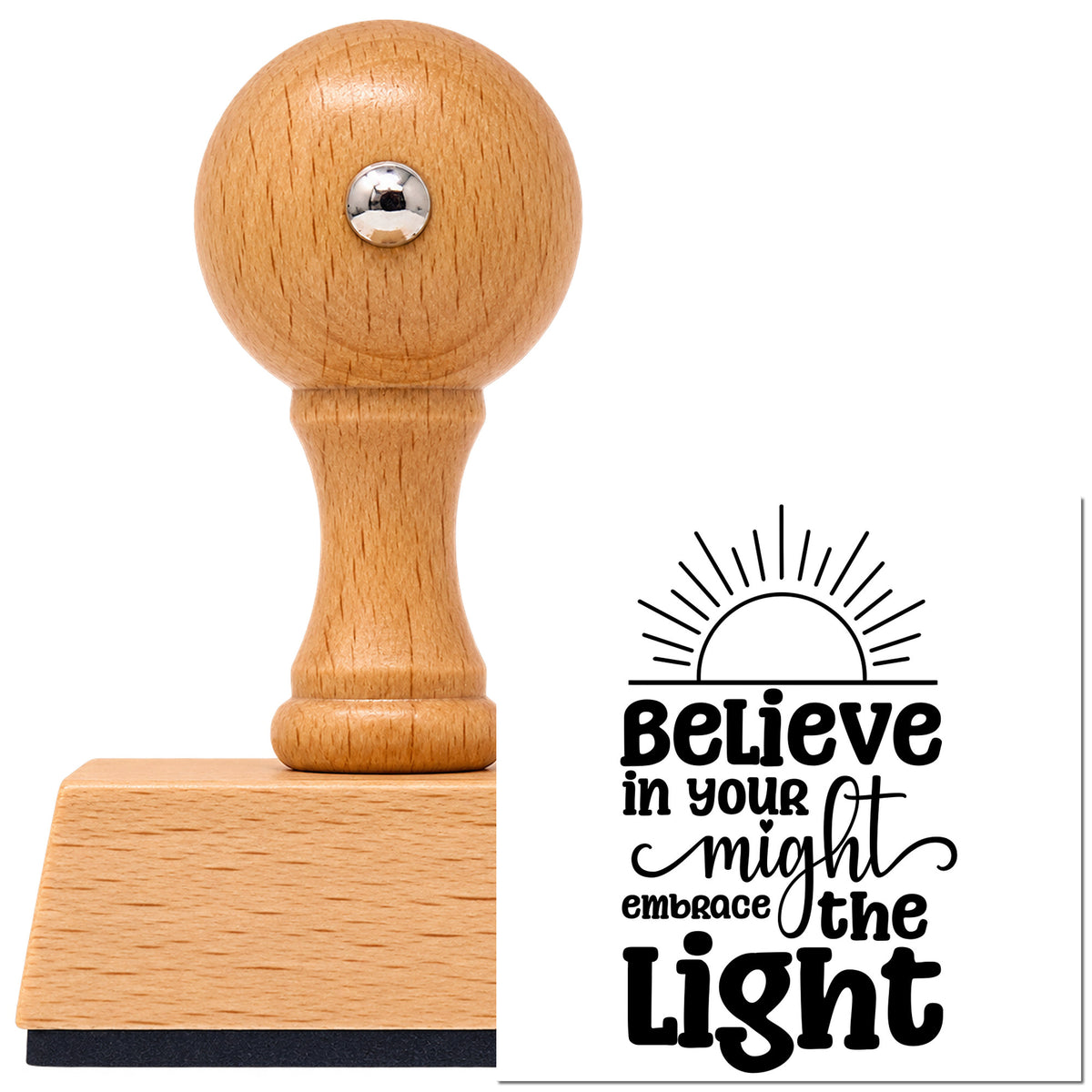 Believe In Your Might Sunrise Vintage Pro rubber stamp in European beech wood with a round knob handle, shown beside its black imprint.