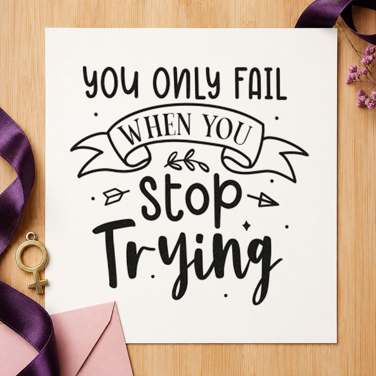 Only Fail Stop Trying craft stamp imprint in black ink on a handmade project, one idea being racket grip tags.
