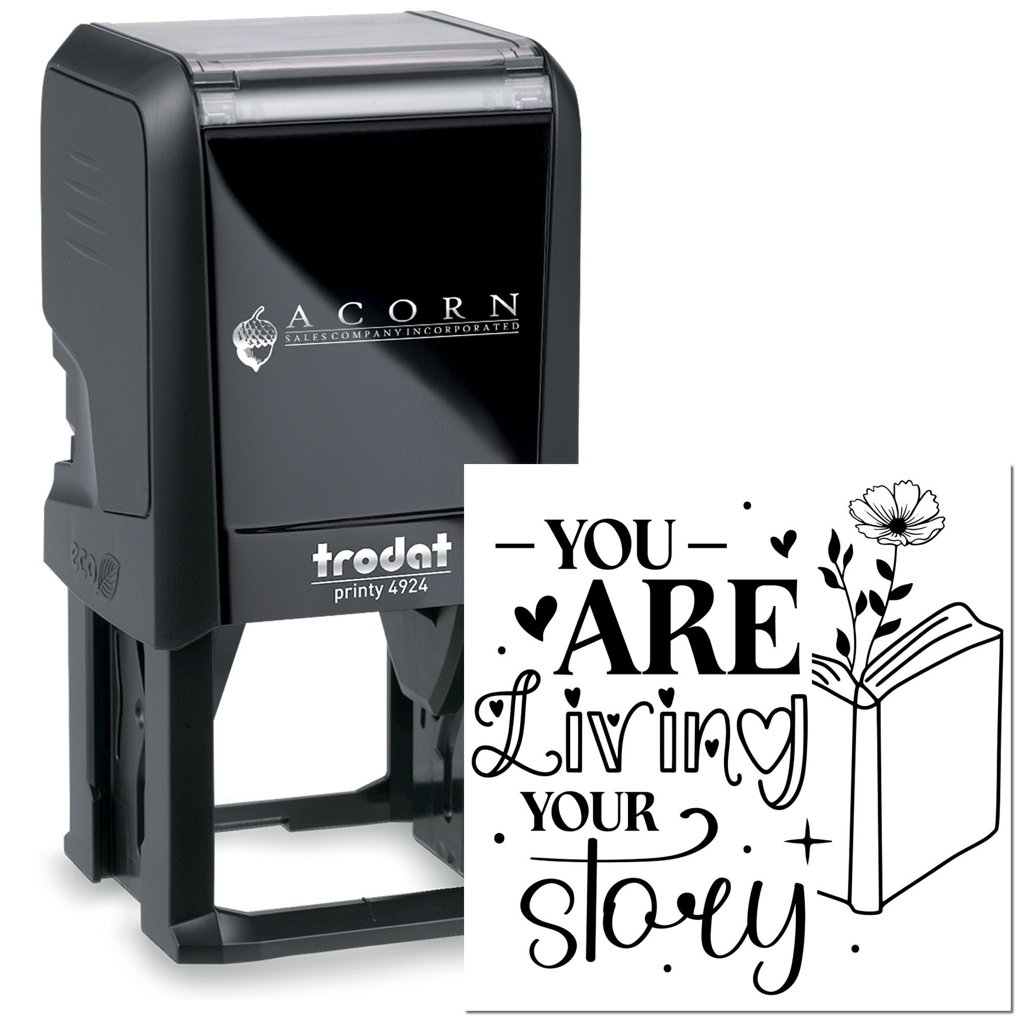 Personalized self-inking rubber stamp with You Are Living Your Story floral book design, Trodat Printy 4924.