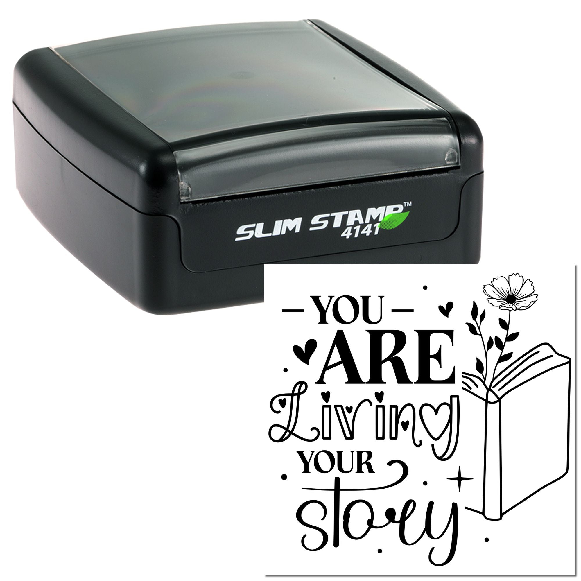Slim Stamp custom rubber stamp with You Are Living Your Story floral design for journaling, stationery, and handmade gifts.