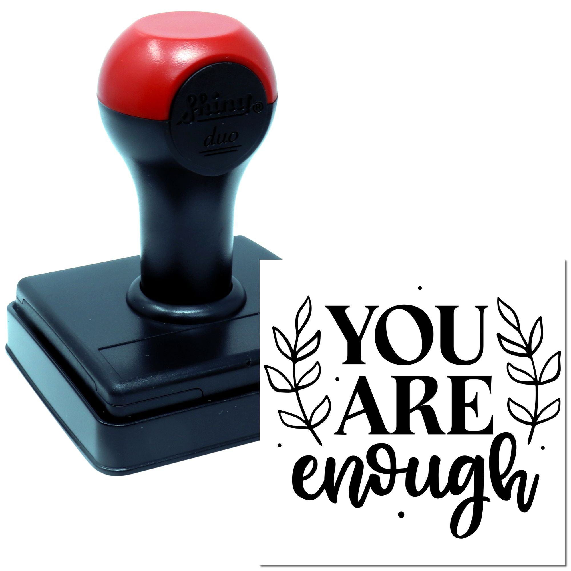 Custom self-inking rubber stamp with You Are Enough inspirational design and leaf accents for handmade gifts or branding.