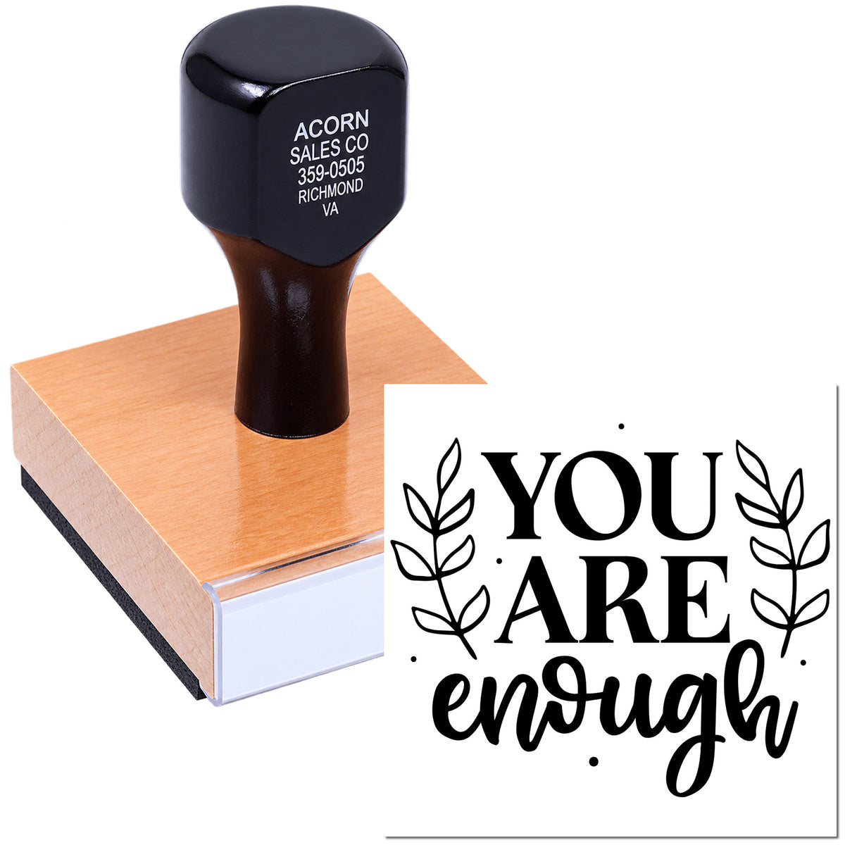 Custom motivational rubber stamp with You Are Enough leafy floral design.