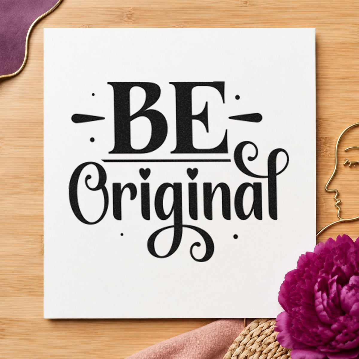 Be Original Decorative Lettering craft stamp imprint in black ink on a handmade project, one idea being finished sign tags.