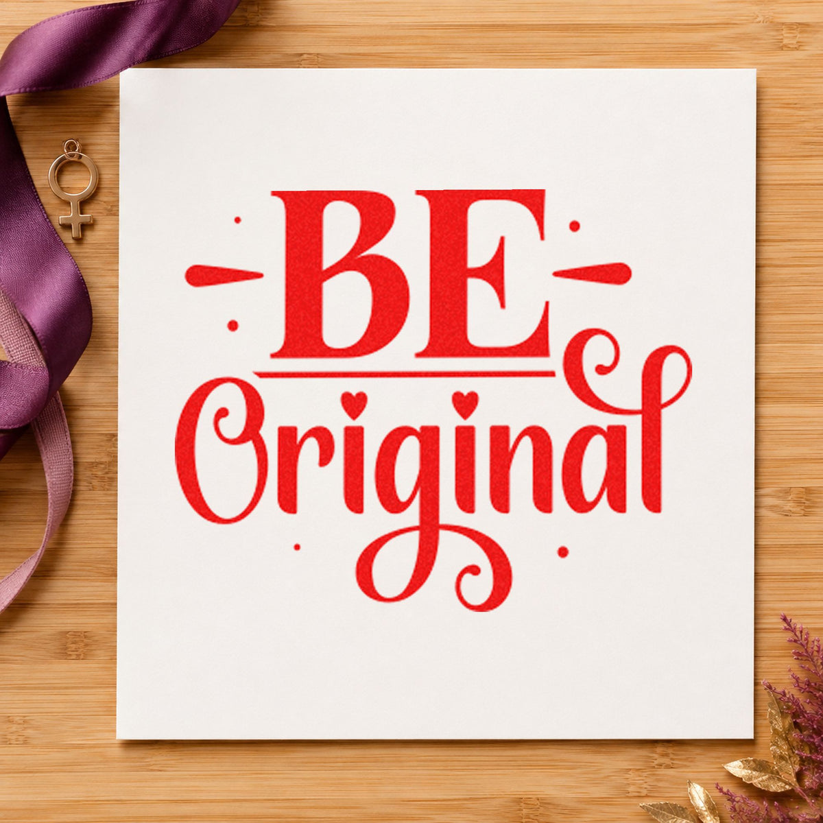 Be Original Decorative Lettering rubber stamp shown in red ink, stamped for projects such as drawer brush labels.