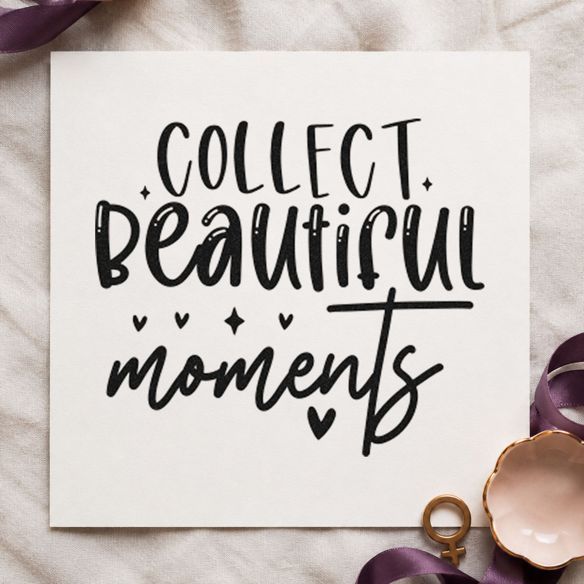 Collect Beautiful Moments Hearts craft stamp imprint in black ink on a handmade project, one idea being film pack gift tags.
