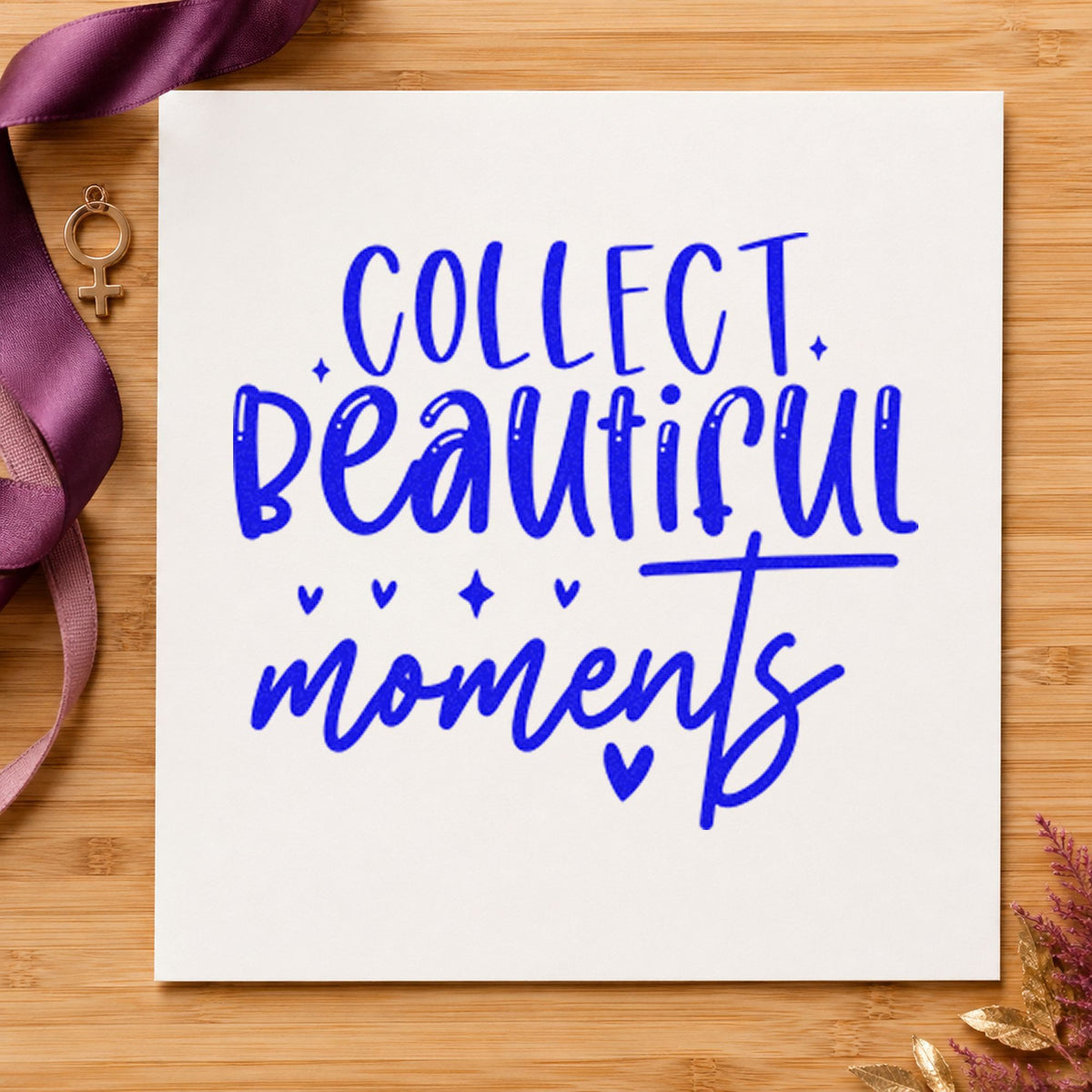 Collect Beautiful Moments Hearts craft stamp in blue ink on cardstock, an easy option for string banner printing.