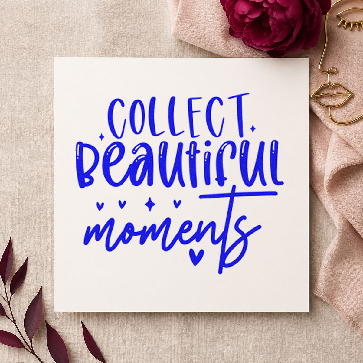 Collect Beautiful Moments Hearts craft stamp imprinted in blue ink on paper, a design suited to framed stair wall.