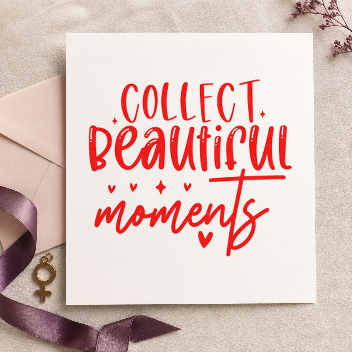 Collect Beautiful Moments Hearts craft stamp imprint in red ink on a handmade project, one idea being caption note cards.