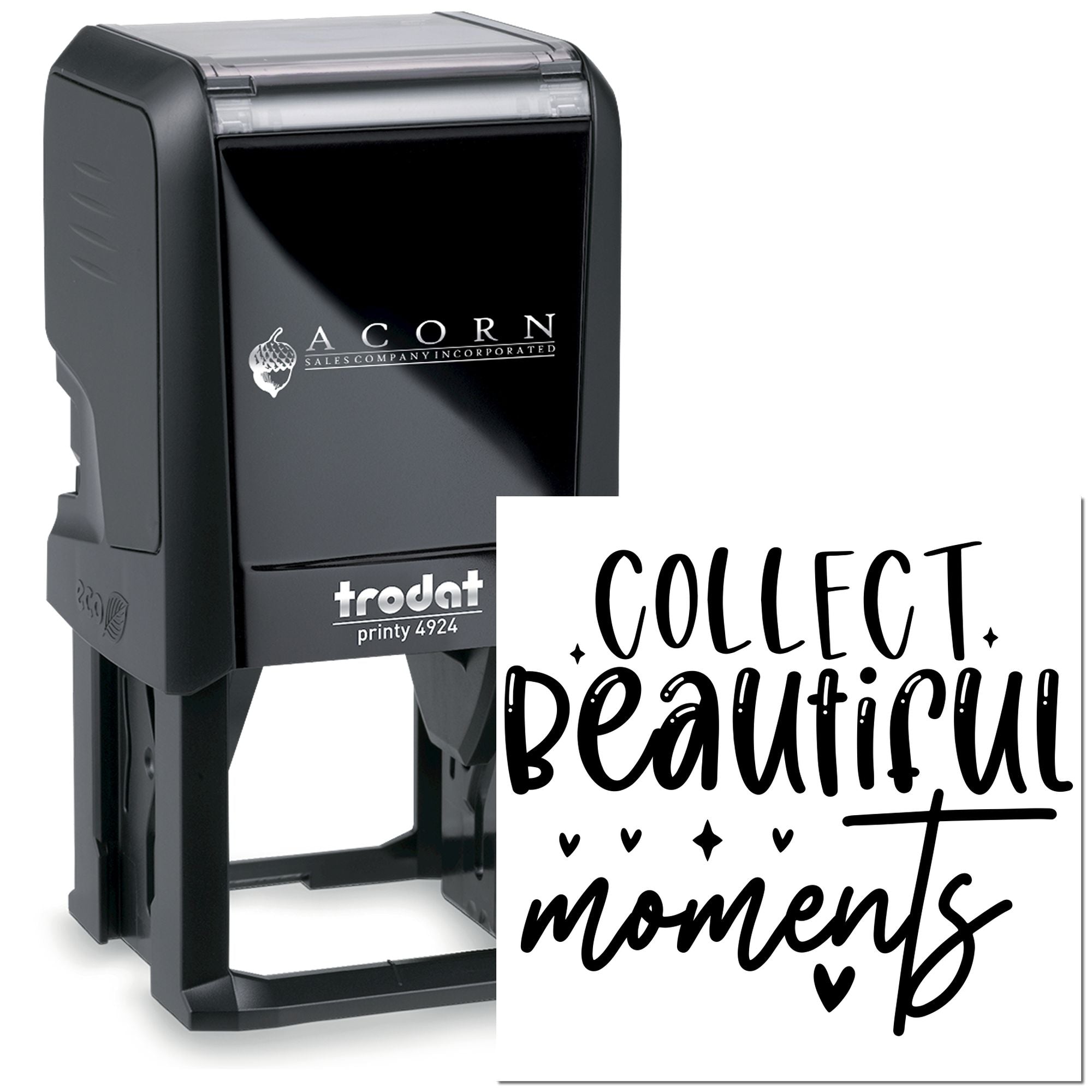 Custom self-inking rubber stamp with "Collect beautiful moments" design for personalized crafting, journaling, and branding.