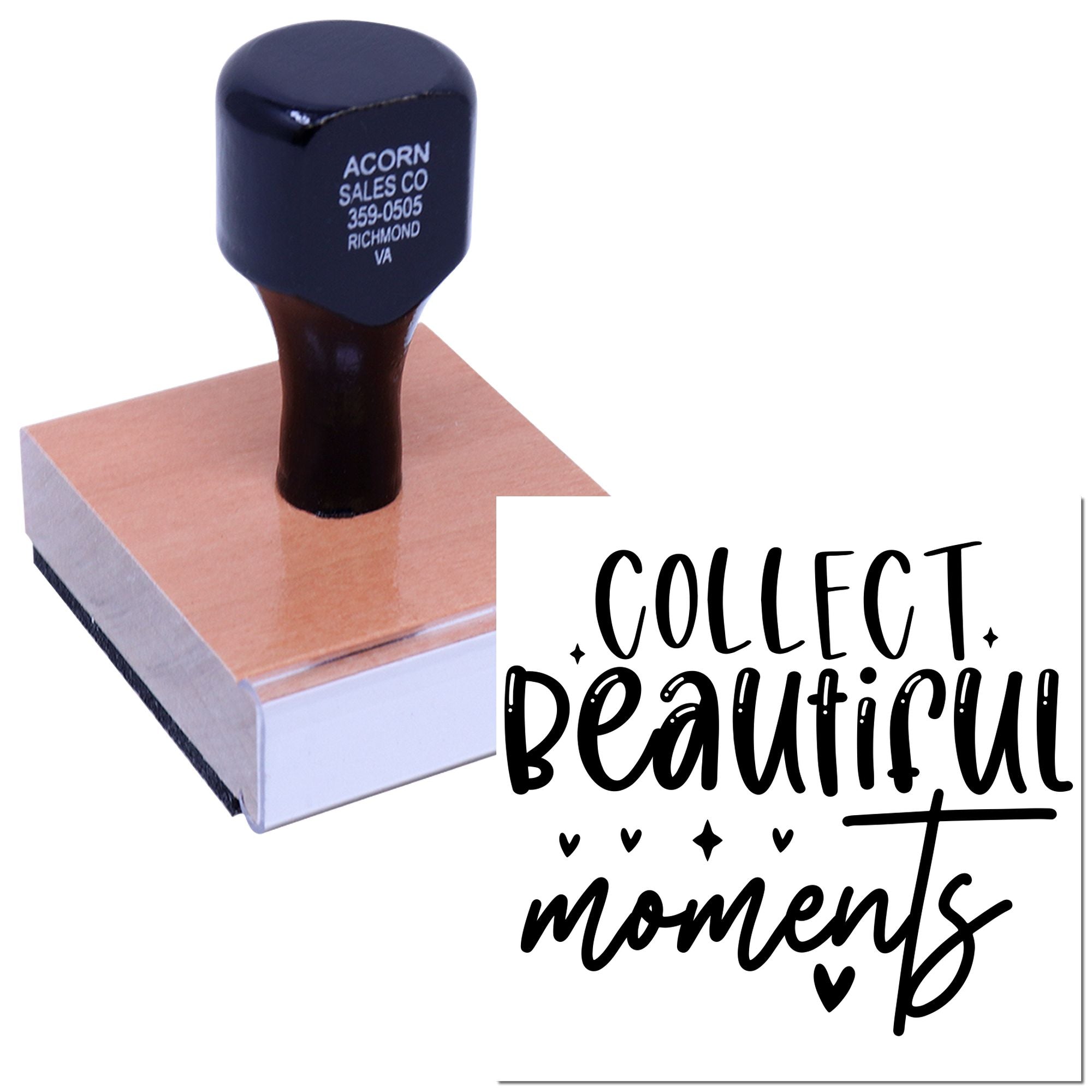 Wood-mounted rubber stamp with Collect Beautiful Moments design for scrapbooking, crafting, and memory keeping.