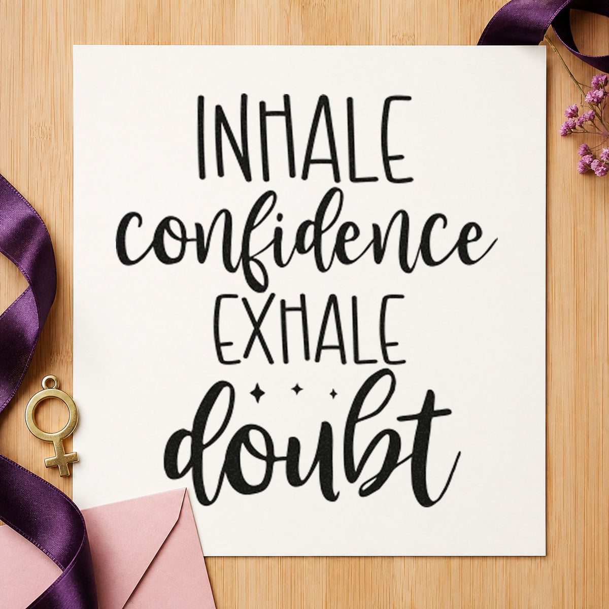 Inhale Confidence Exhale Doubt craft stamp in black ink on cardstock, an easy option for league album page.