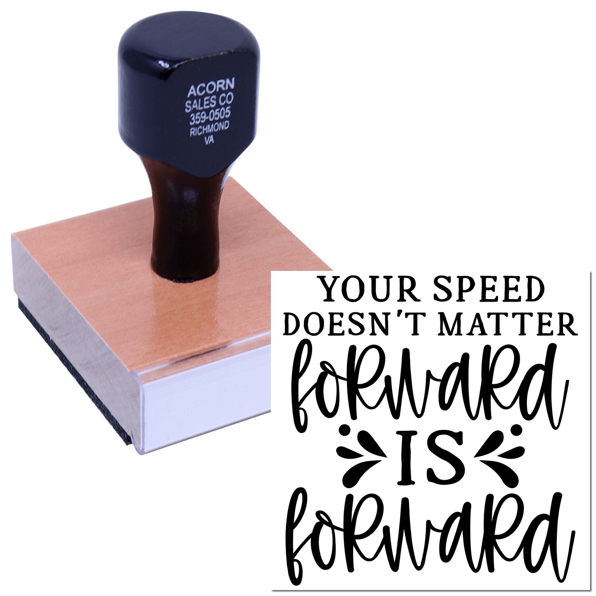 Custom rubber stamp with motivational quote Your speed doesnt matter, forward is forward for inspiring notes and packaging.
