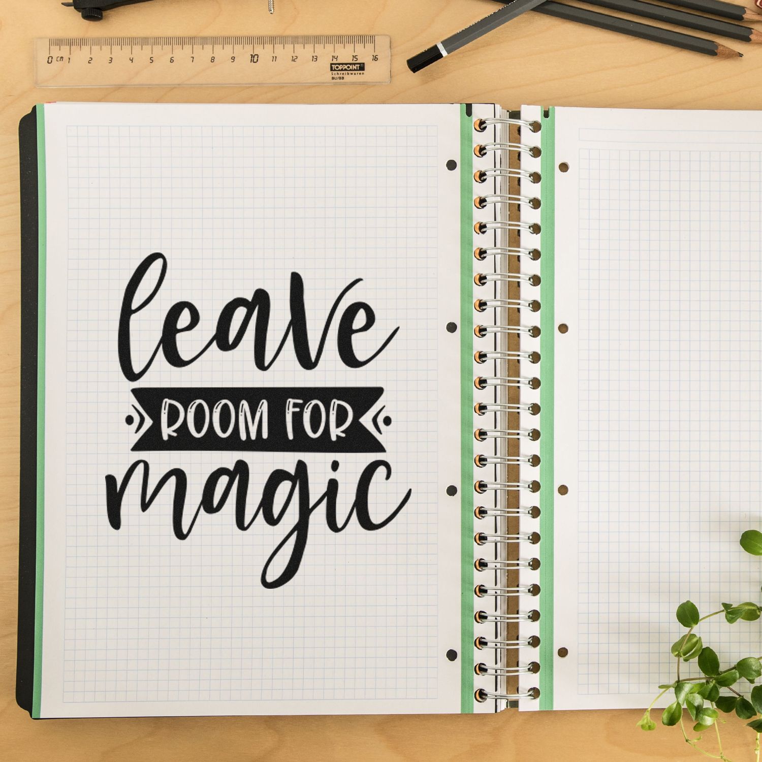 Rubber stamp with Leave Room for Magic in a planner page, ideal for journaling, scrapbooking, and craft projects.