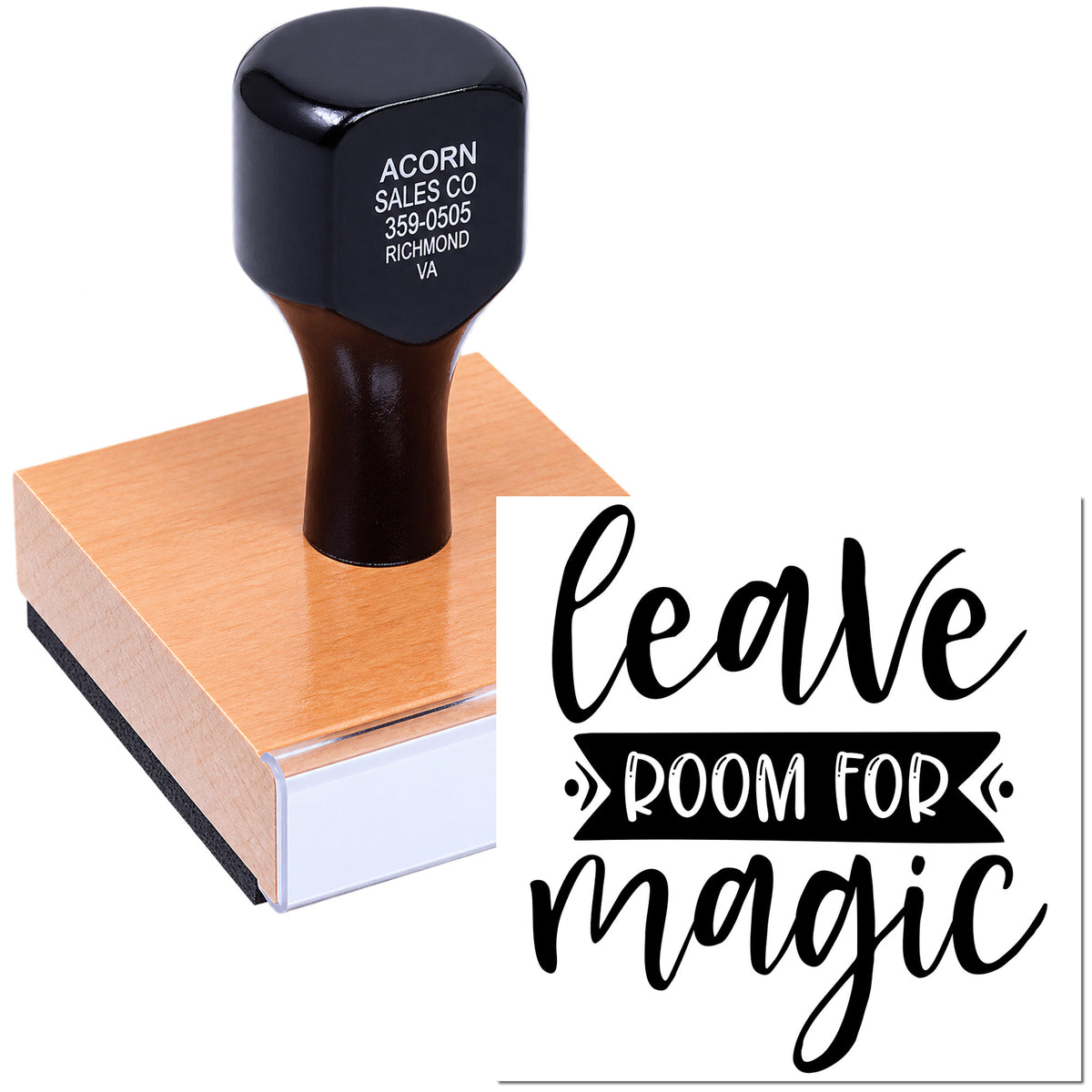 Wood-mounted custom rubber stamp with Leave Room for Magic quote for crafts, packaging, and small business branding.