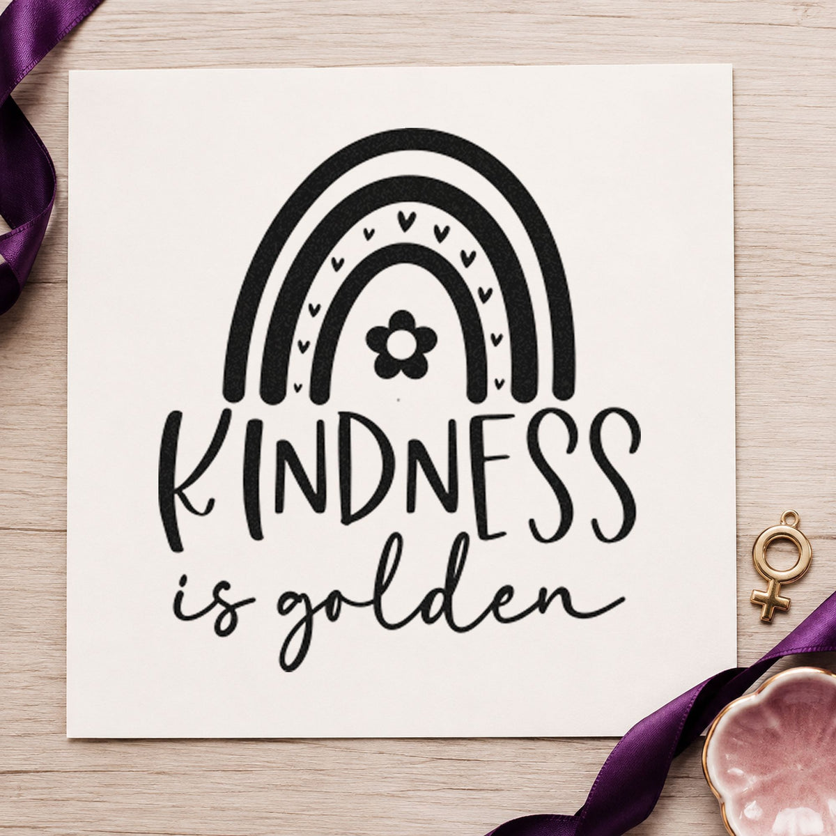 Kindness Is Golden Rainbow craft stamp imprint in black ink on a handmade project, one idea being curl keepsake tags.