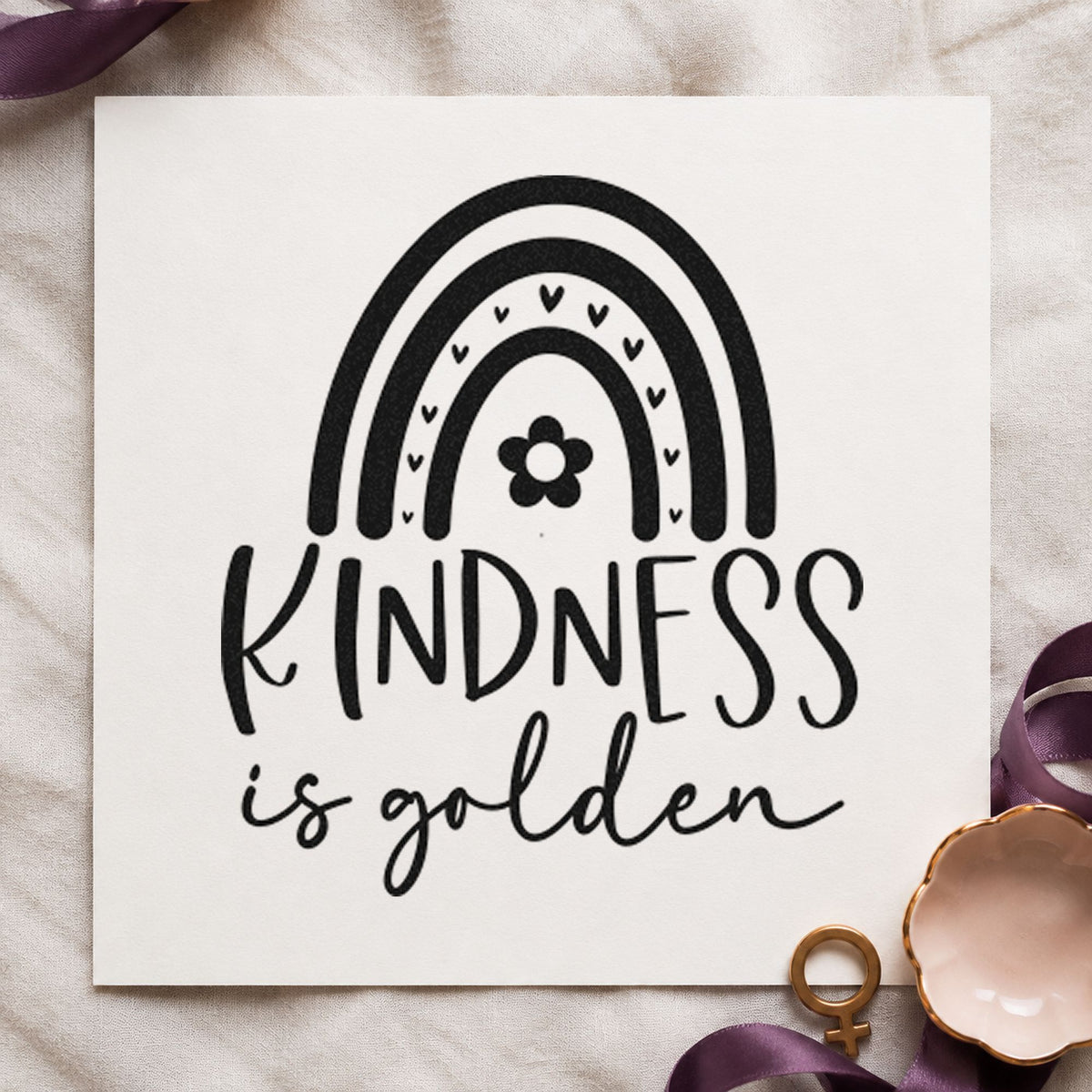 Kindness Is Golden Rainbow rubber stamp printed in black ink, ready for booking day sheet and similar paper crafts.