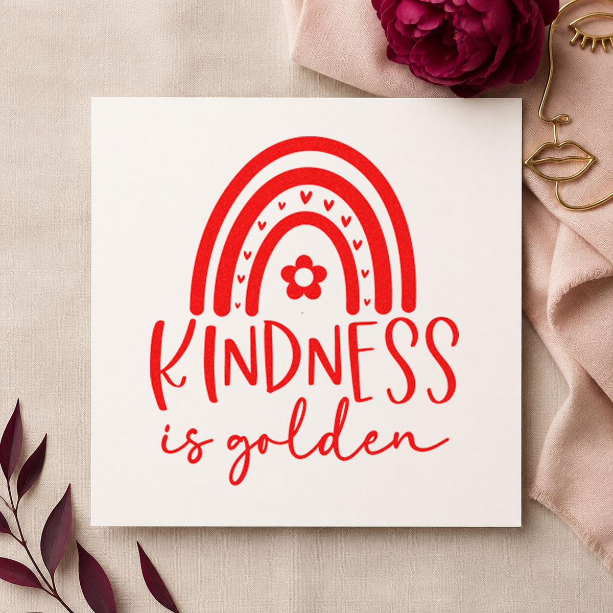 Kindness Is Golden Rainbow rubber stamp shown in red ink, stamped for projects such as bin toy labels.