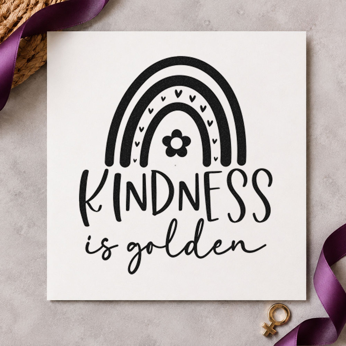 Kindness Is Golden Rainbow rubber stamp printed in black ink, ready for heart rainbow cards and similar paper crafts.