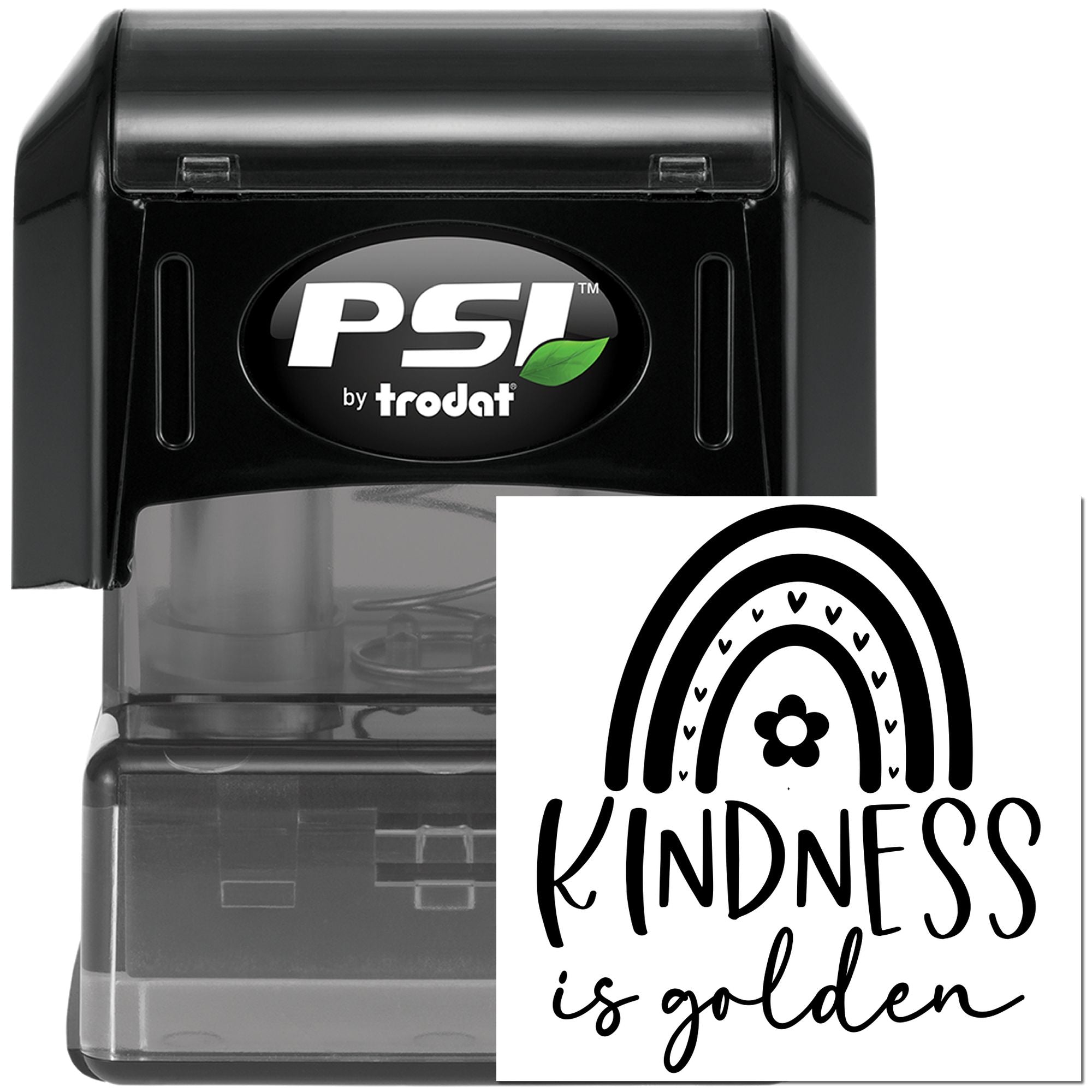 Custom self-inking rubber stamp by PSI Trodat featuring a Kindness is Golden rainbow design.