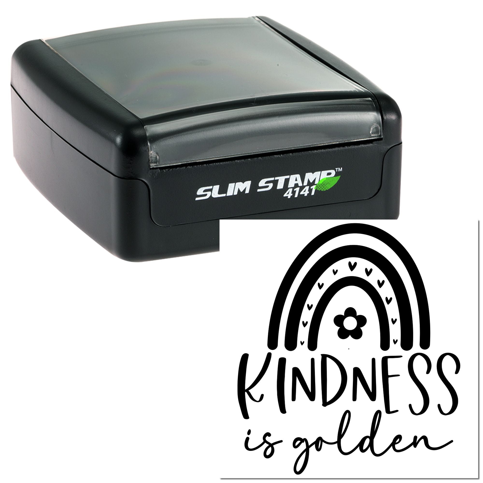 Self-inking rubber stamp with Kindness is Golden rainbow and hearts design, ideal for custom crafting and stationery.