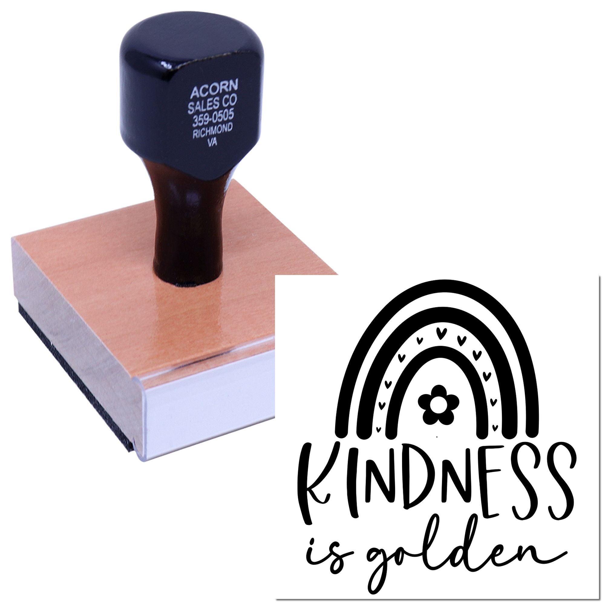 Custom rubber stamp for Kindness is Golden with rainbow and flower design, ideal for handmade cards and crafts.
