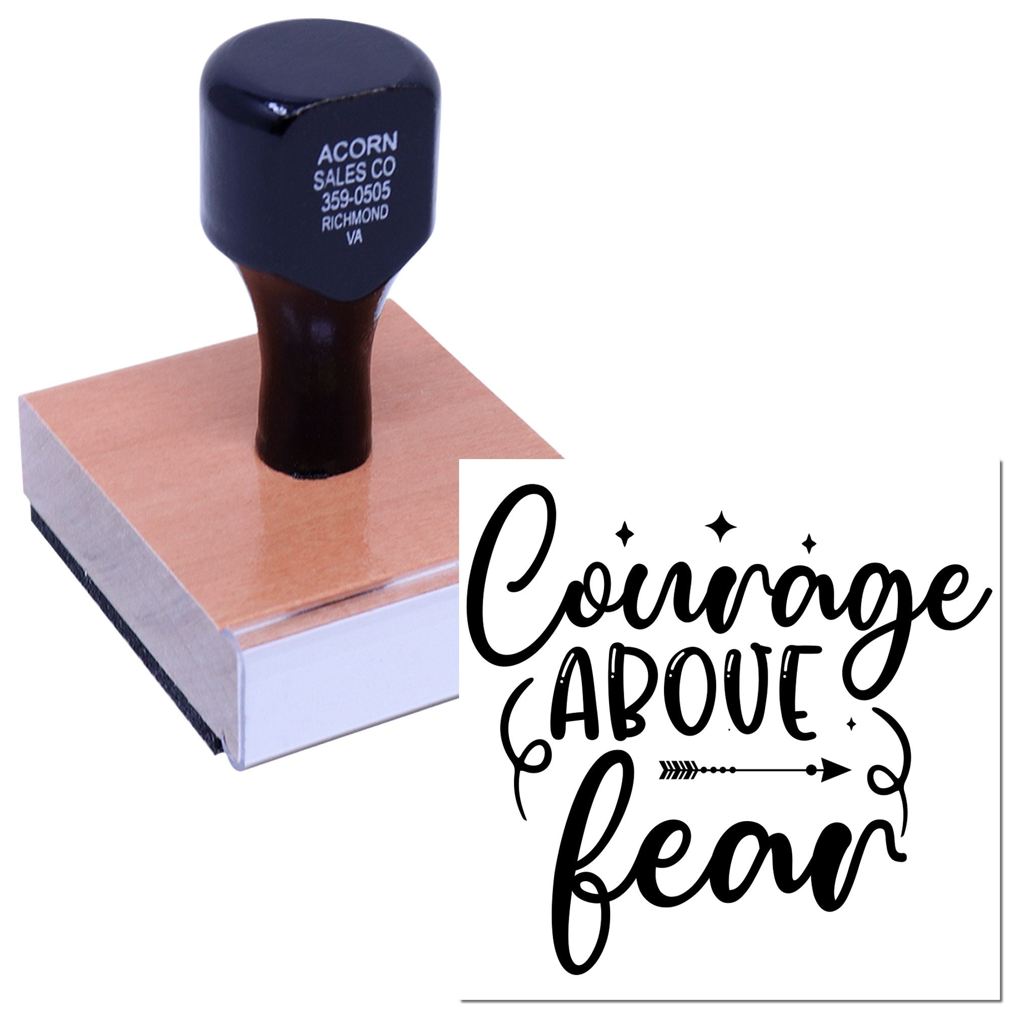 Custom rubber stamp with Courage Above Fear design for inspirational crafting, branding, or gift packaging.