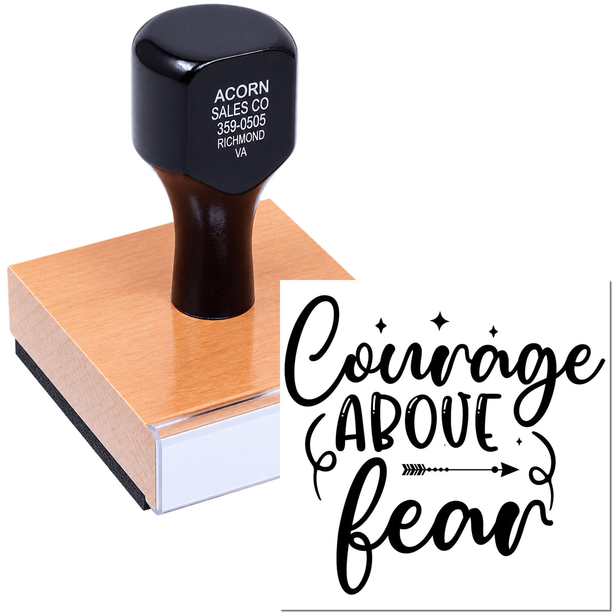 Custom rubber stamp with Courage Above Fear design for inspirational crafting, branding, or gift packaging.