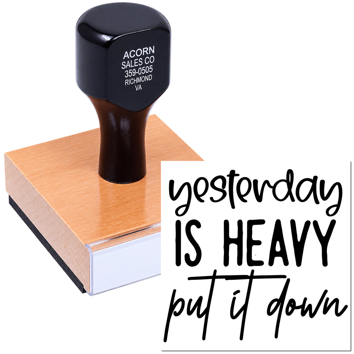 Heavy-duty custom rubber stamp with hand-lettered motivational quote for business branding and craft projects.