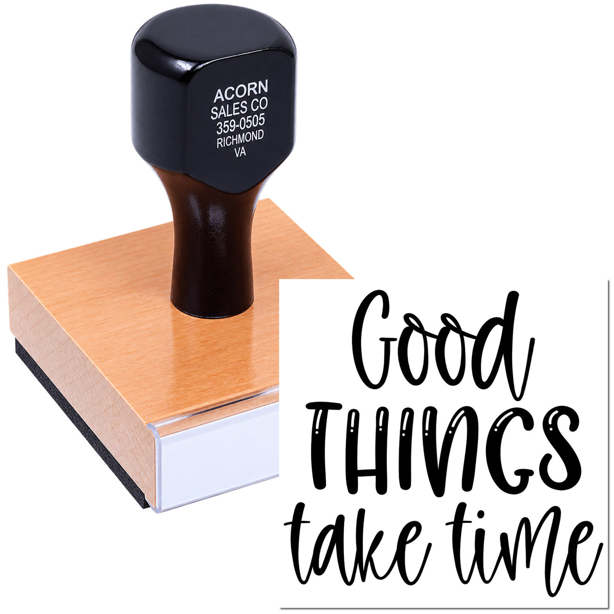 Custom rubber stamp featuring Good Things Take Time for craft projects, packaging, and motivational branding.