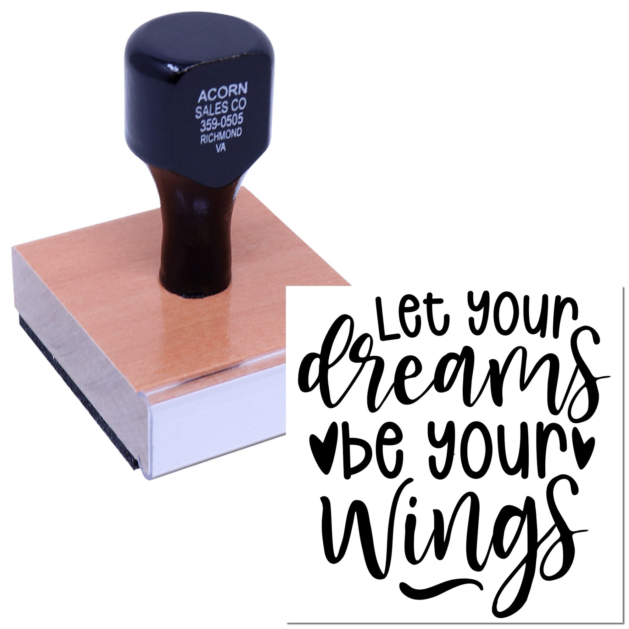 Custom rubber stamp featuring the quote Let your dreams be your wings for crafts, packaging, and branding.
