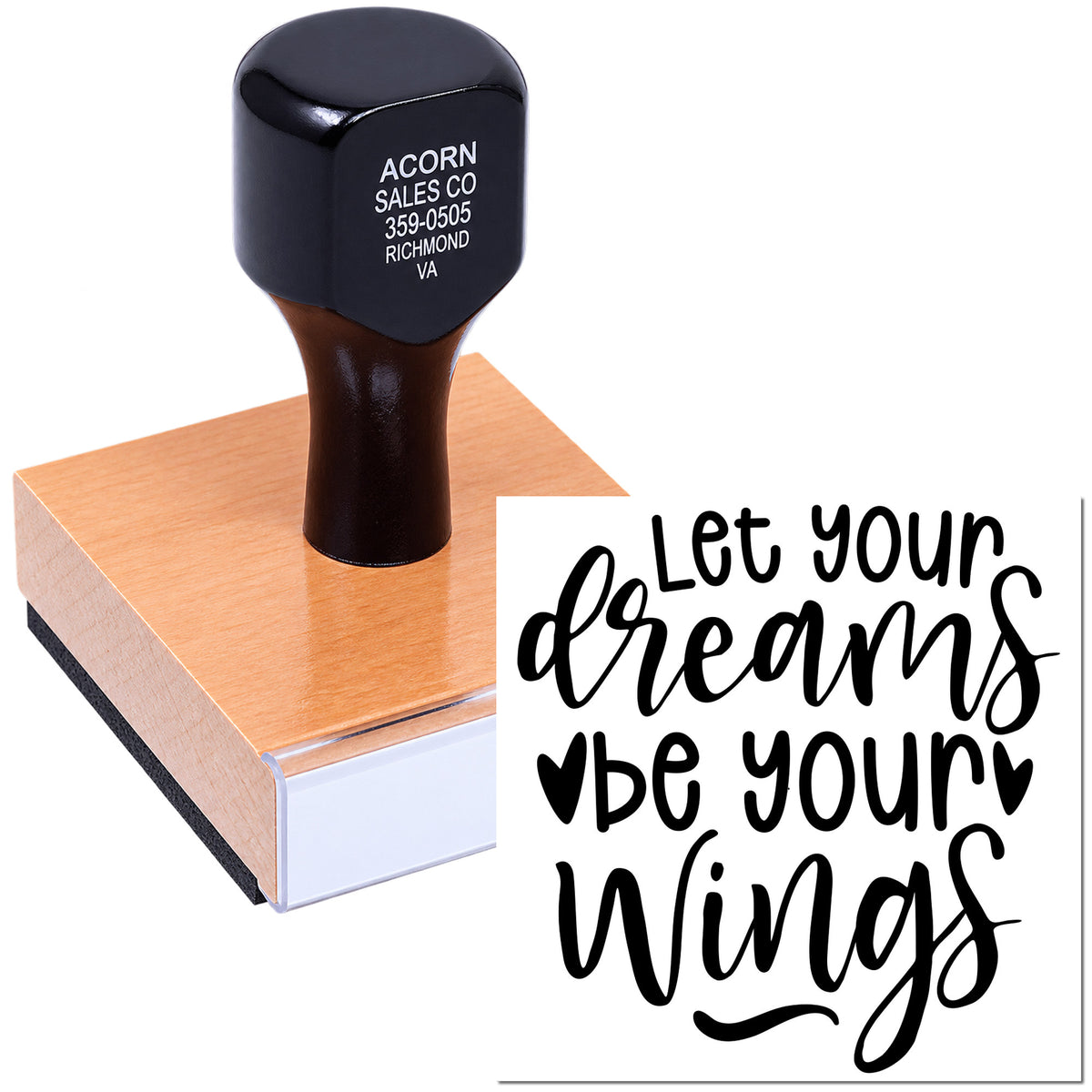 Custom rubber stamp featuring the quote Let your dreams be your wings for crafts, packaging, and branding.