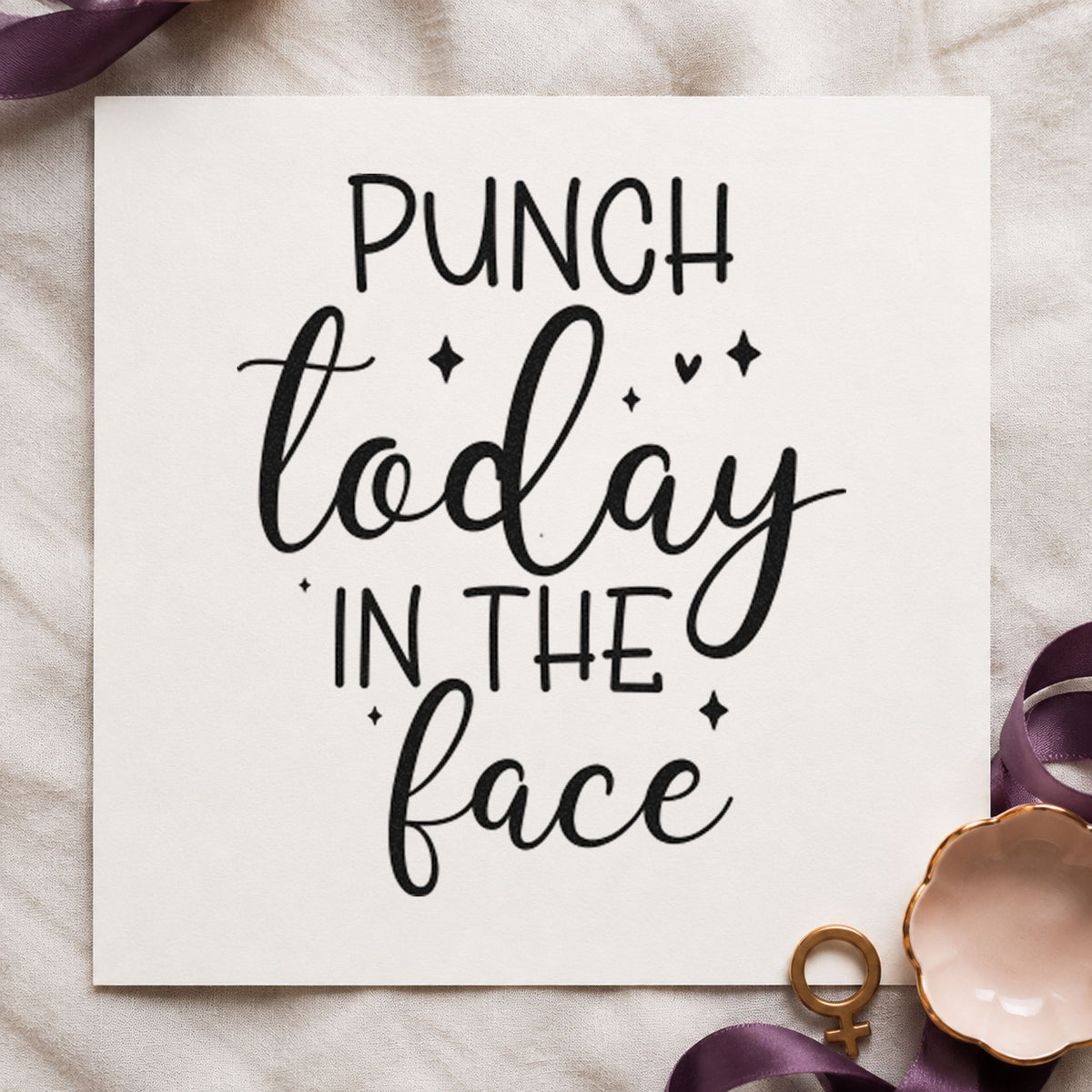 Punch Today In Face craft stamp imprint in black ink on a handmade project, one idea being break box gift tags.