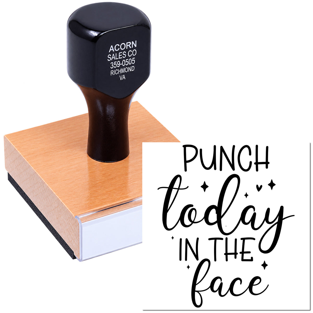 Custom rubber stamp featuring Punch Today in the Face phrase for funny card making, journaling, and crafts.