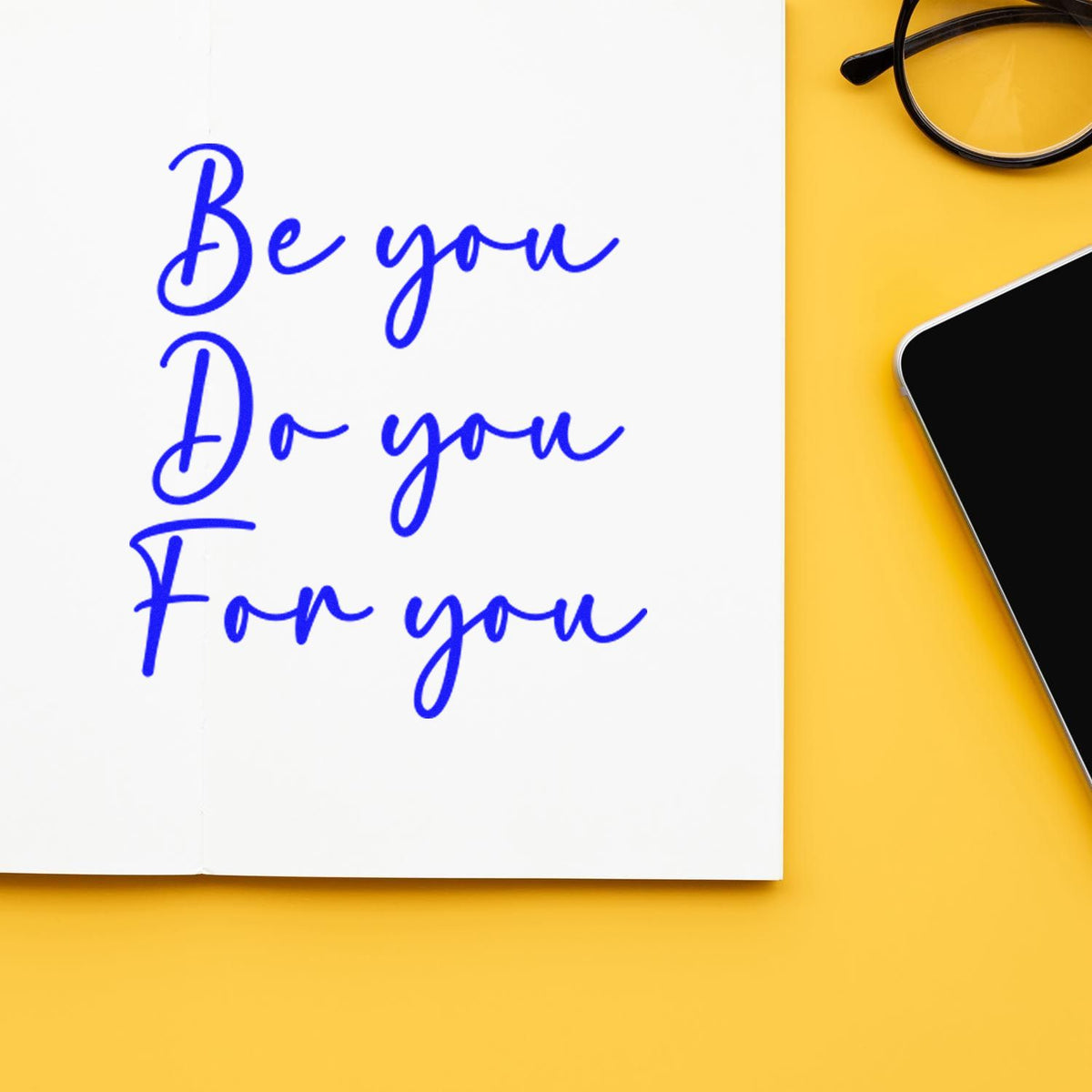 Be You For You rubber stamp shown in blue ink, stamped for projects such as client album page.