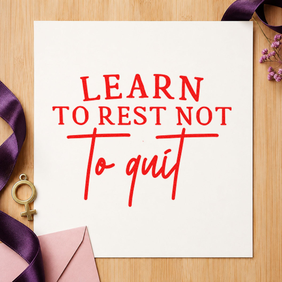Learn To Rest Quote craft stamp imprint in red ink on a handmade project, one idea being rest plan cards.