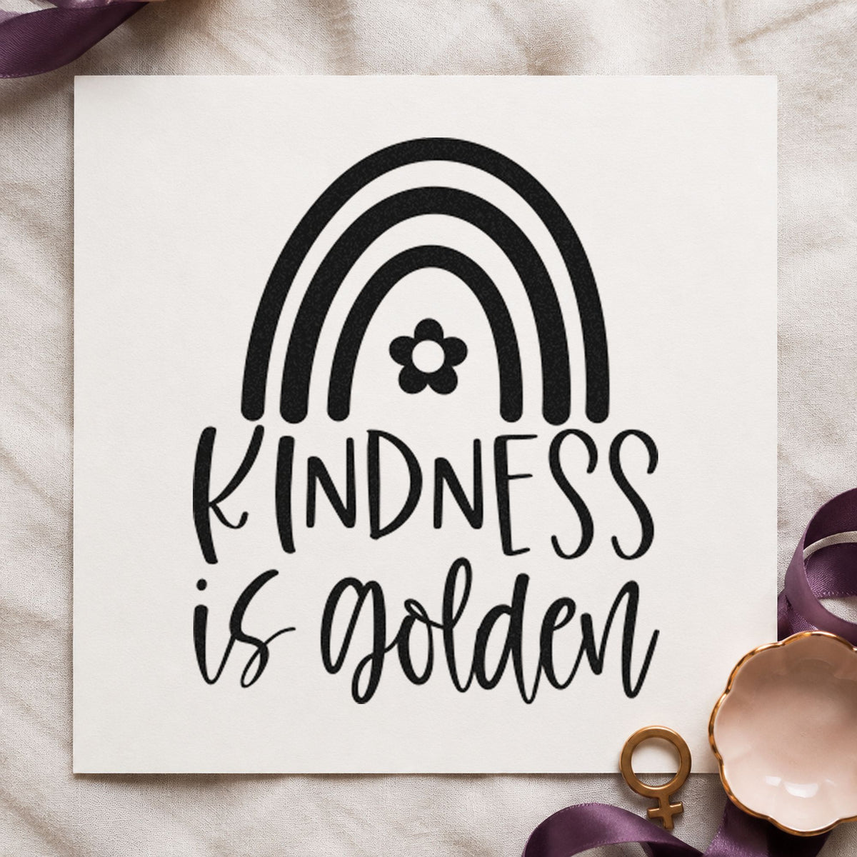 Kindness Golden Flower Rainbow rubber stamp printed in black ink, ready for buddy rota sheet and similar paper crafts.