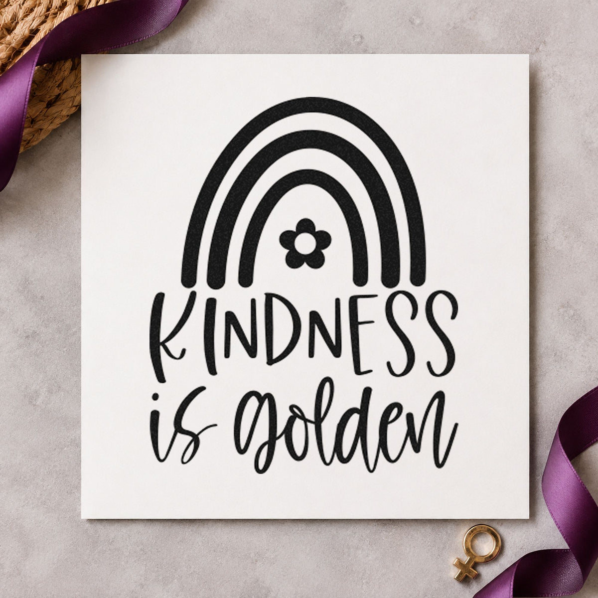 Kindness Golden Flower Rainbow rubber stamp printed in black ink, ready for small flower cards and similar paper crafts.