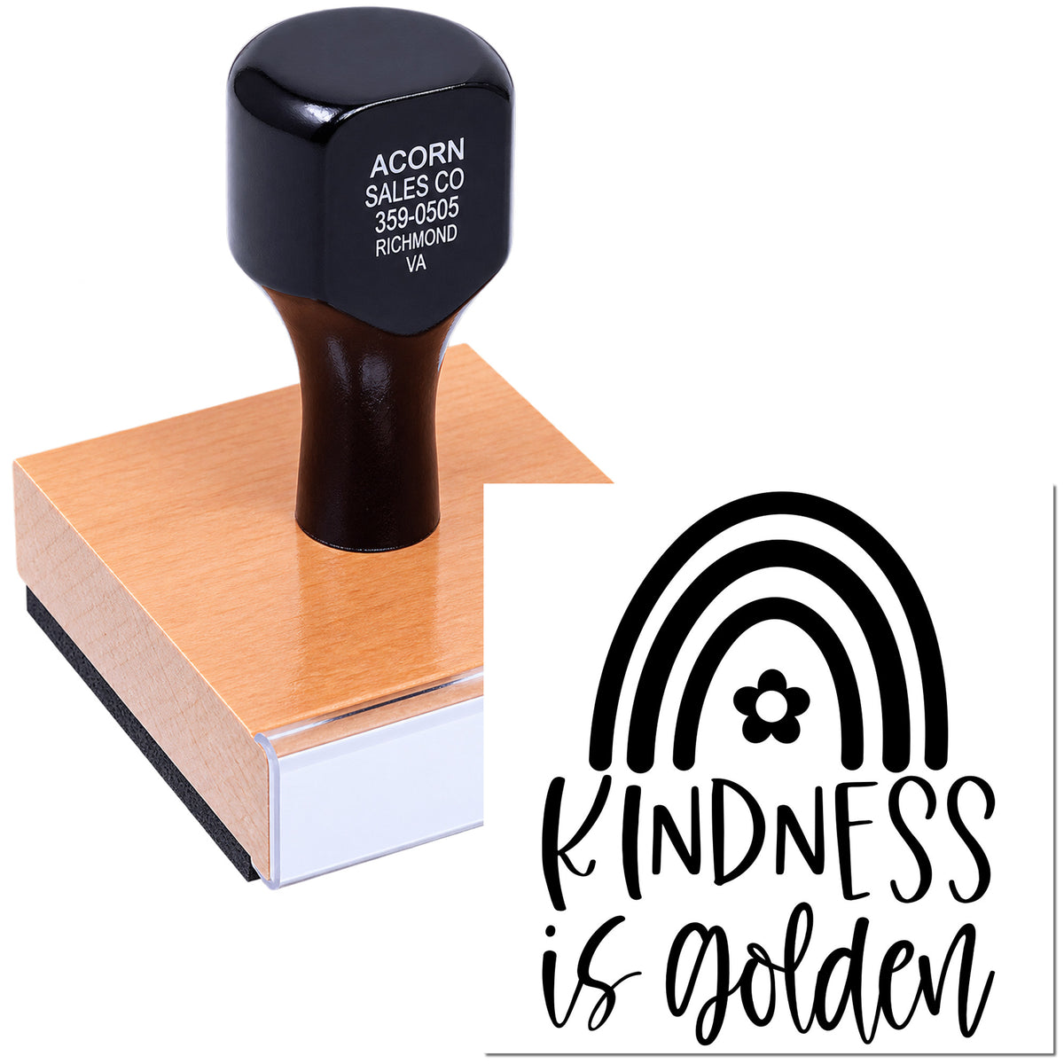 Custom rubber stamp with Kindness Is Golden rainbow design for inspirational cards, crafts, and teacher appreciation projects.