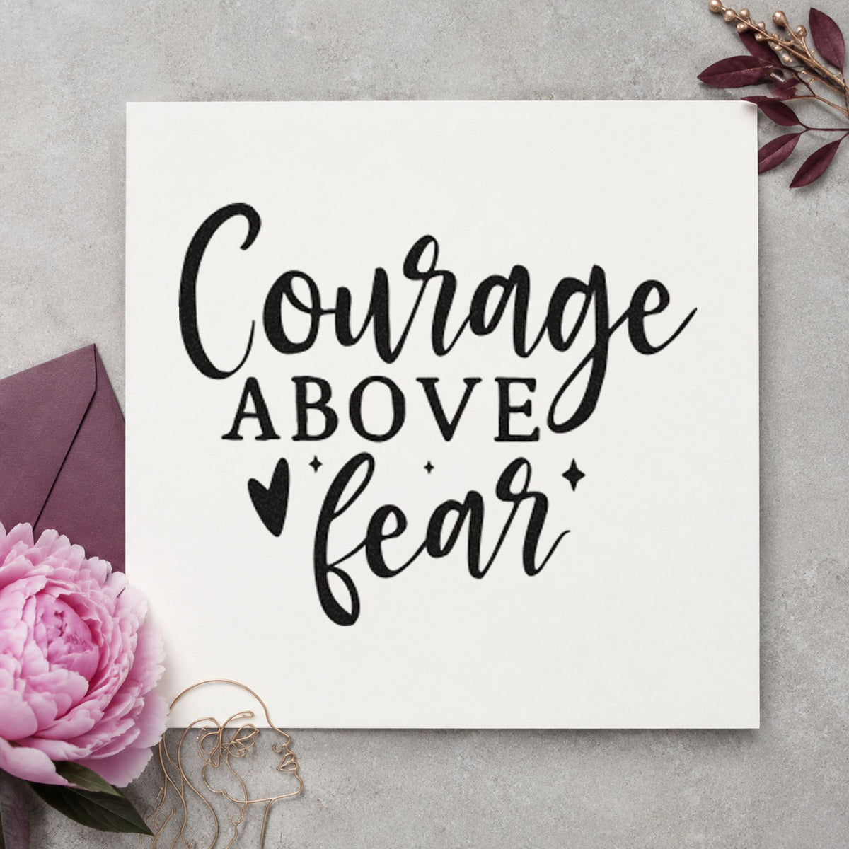 Courage Above Fear Heart craft stamp in black ink on cardstock, an easy option for callout album page.