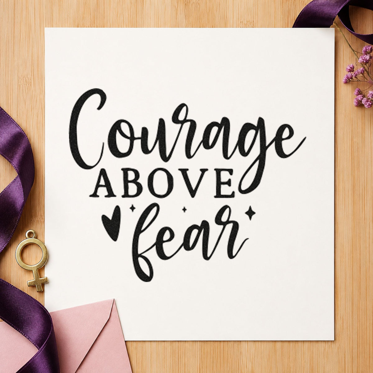 Courage Above Fear Heart craft stamp imprint in black ink on a handmade project, one idea being kit bag gift tags.