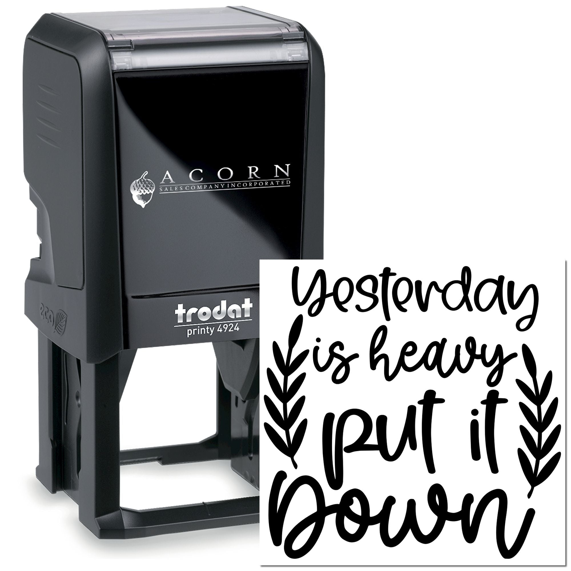 Self-inking rubber stamp with custom quote impression for business branding, crafts, and stationery