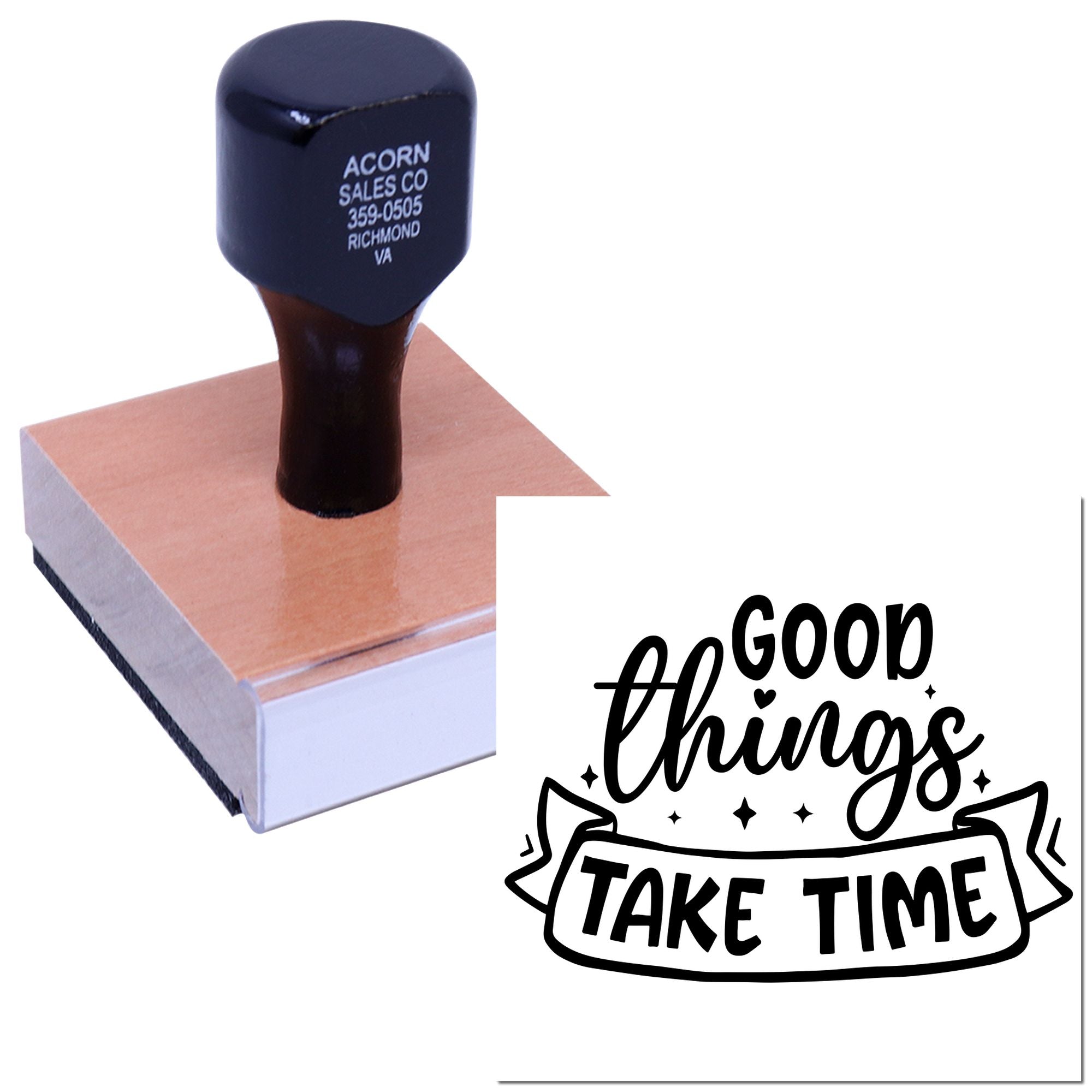 Custom rubber stamp with Good Things Take Time design, ideal for branding, packaging, crafts, and handmade business products.