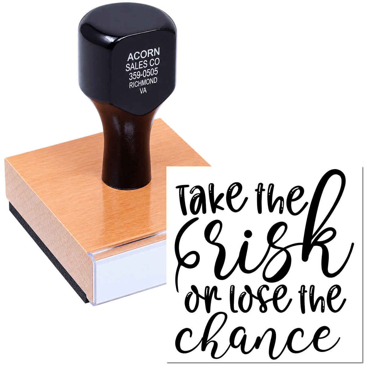 Custom rubber stamp with inspirational quote Take the risk or lose the chance for crafting, business, or packaging