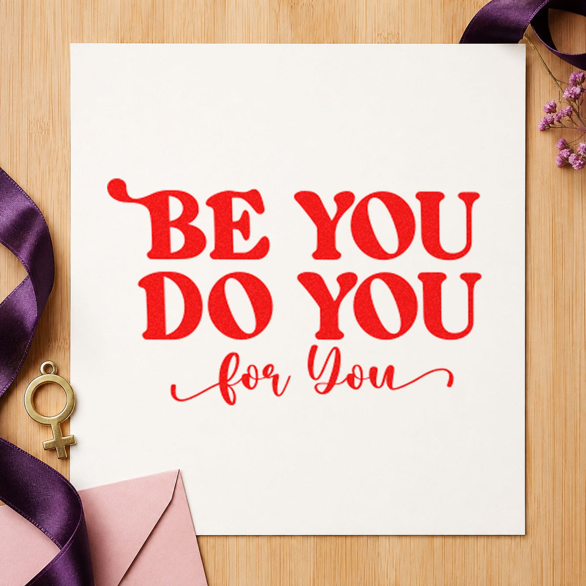 Be You Do You rubber stamp shown in red ink, stamped for projects such as drawer order labels.