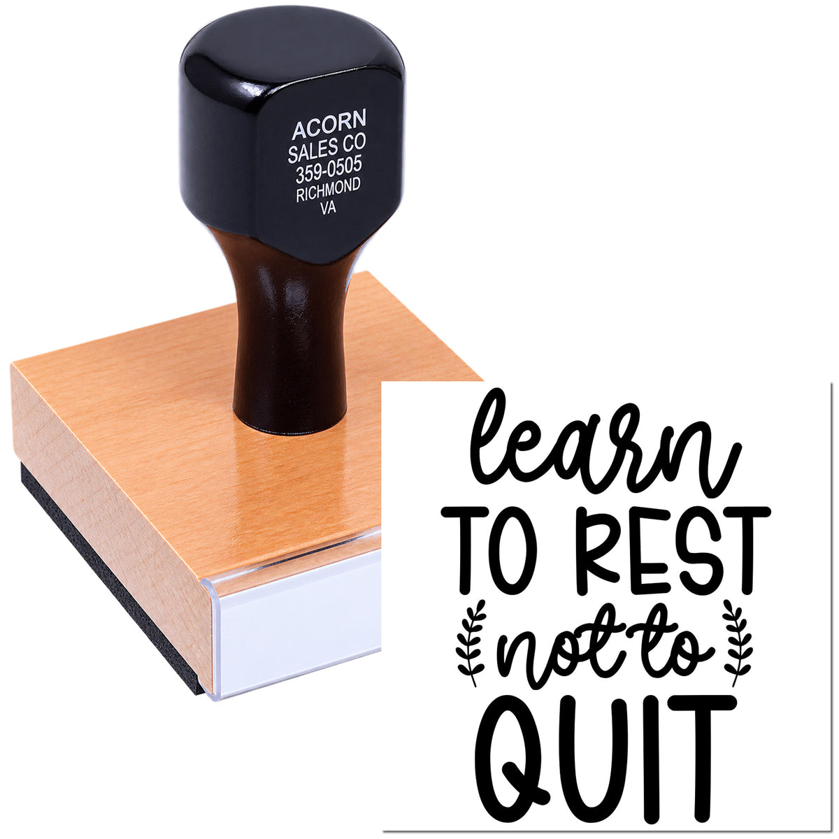 Custom rubber stamp with motivational quote Learn to rest not to quit for planners, journals, and handmade crafts.