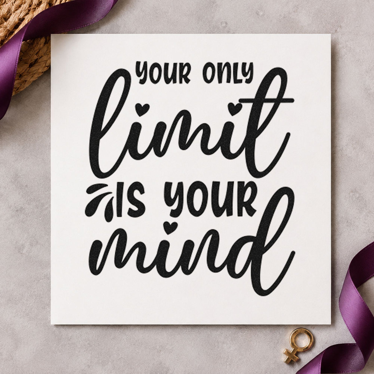 Your Only Limit Mind craft stamp imprint in black ink on a handmade project, one idea being cube set gift tags.