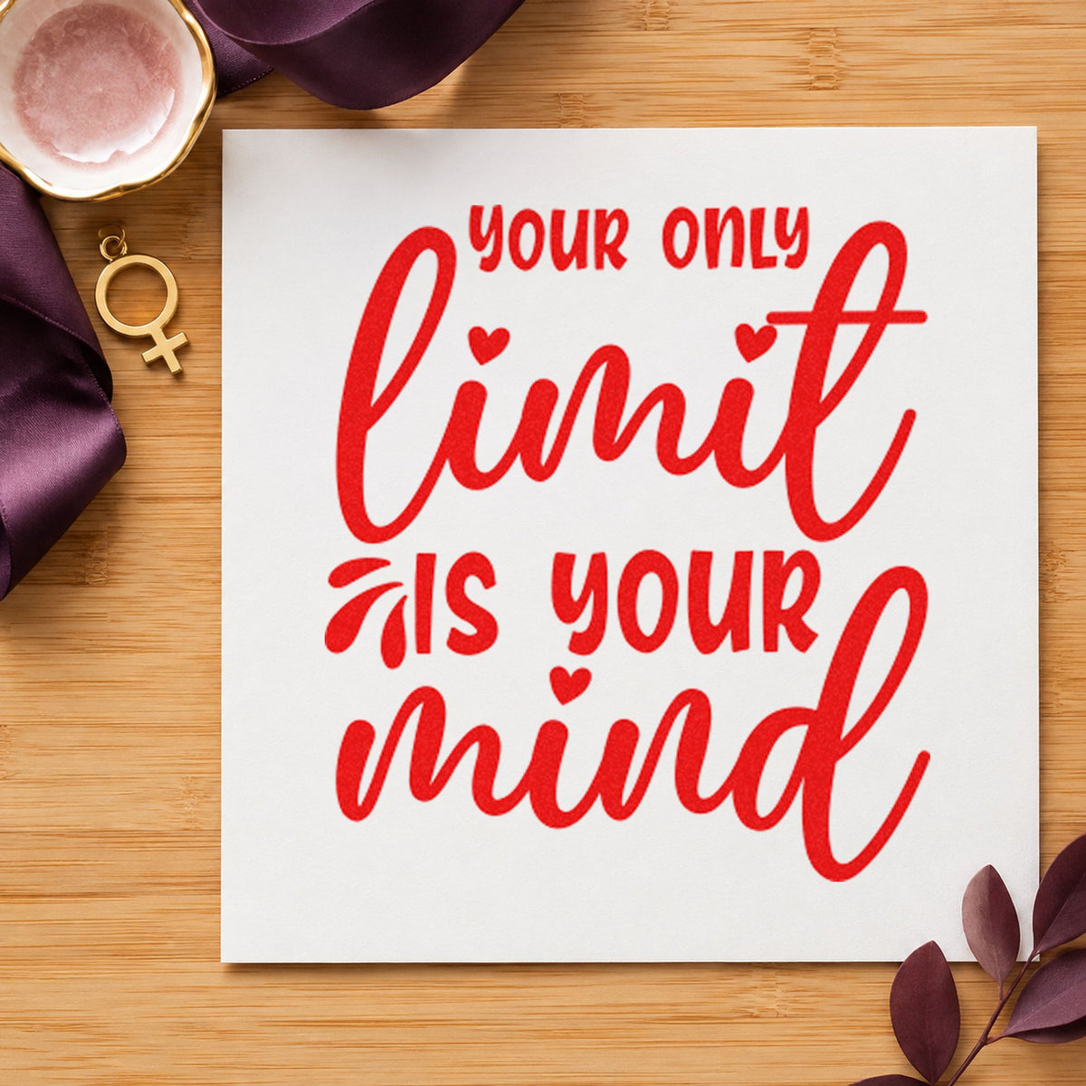 Your Only Limit Mind rubber stamp shown in red ink, stamped for projects such as case cube labels.