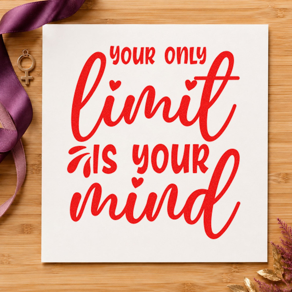 Your Only Limit Mind craft stamp imprint in red ink on a handmade project, one idea being algorithm cards.