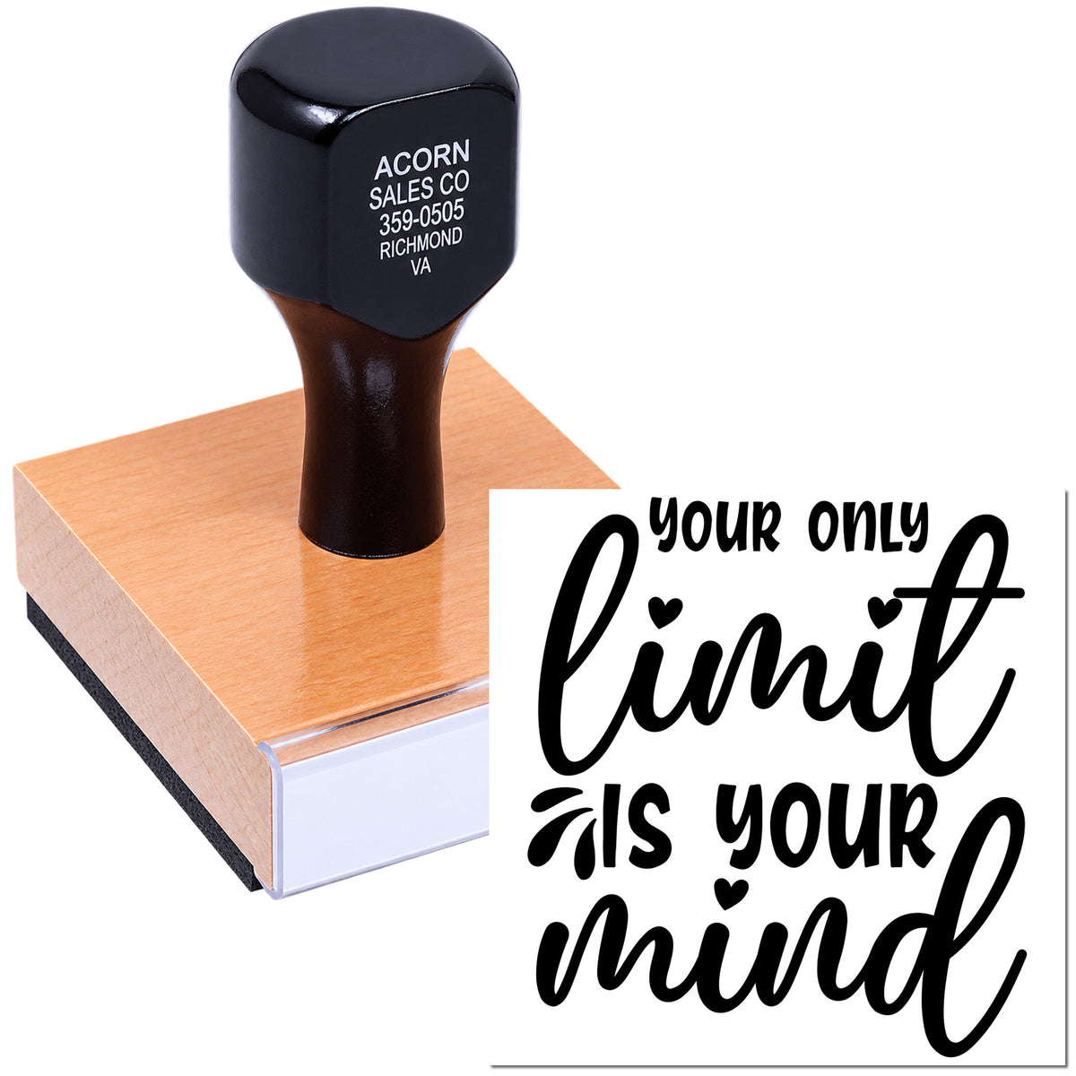 Custom rubber stamp with motivational quote Your only limit is your mind for personalized craft and business use.